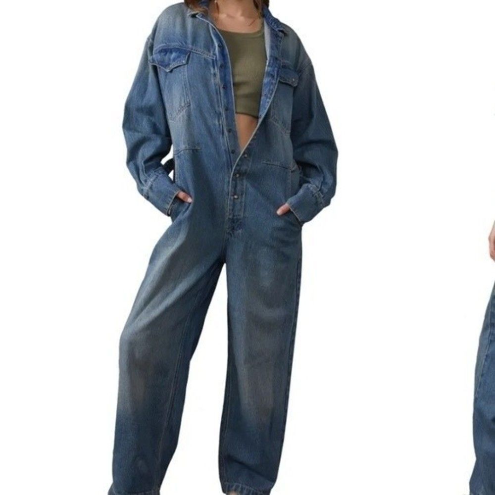Free People Washed Blue Denim Utility Jumpsuit